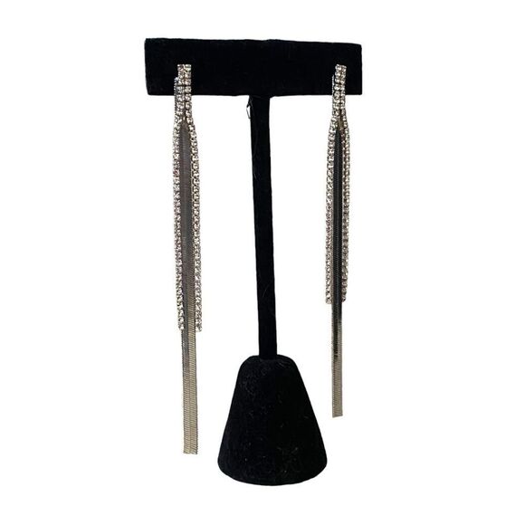 Herringbone & Rhinestone Silver Dangle Drop Statement Earrings Costume Jewelry - Picture 3 of 4